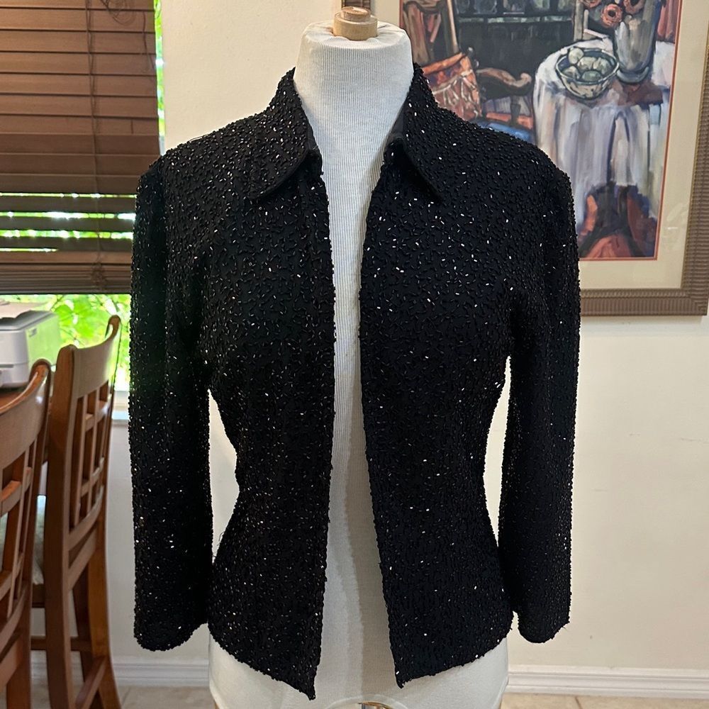 JKARA NEW YORK Elegant Black Beaded Sequin Women's Jacket Size Small
